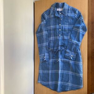 Serena & Lily Blue Plaid Margot Popover Linen Long Sleeve Shirt Dress XS
